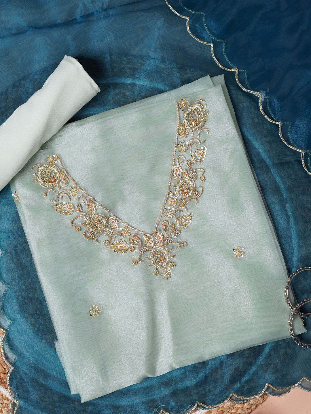 Soft Green Glow Hand Embroidered Unstitched Suit Set with Zari & Zardozi Work