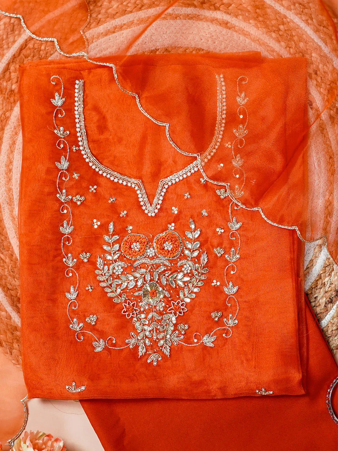 Kesar Hand Embroidered Unstitched Suit Set with Resham & Zari Floral Work - Achrangi