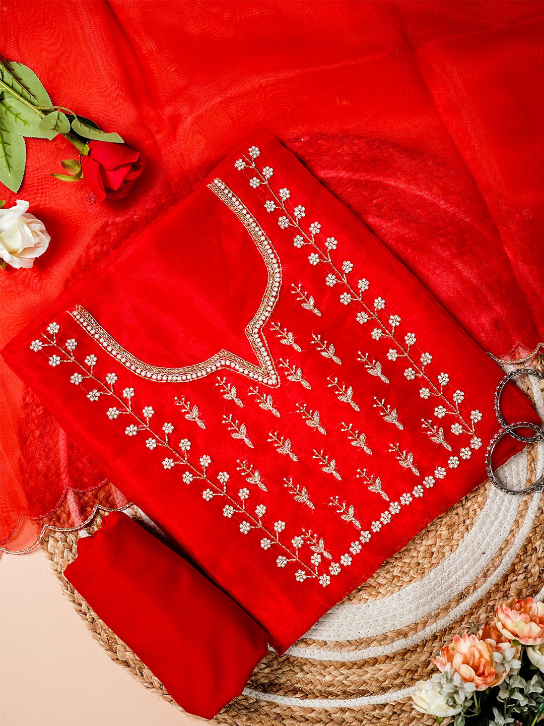 Scarlet Red Glow Hand Embroidered Unstitched Suit with Zari & Sequin Work