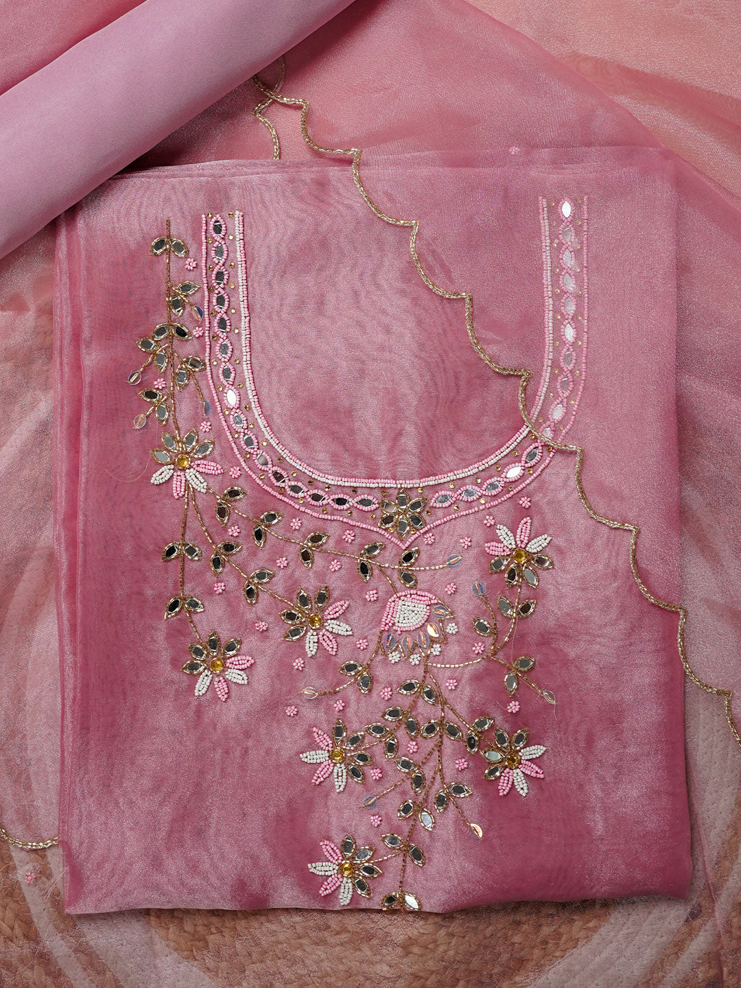 Pink Petal Hand Embroidered Unstitched Suit Set with Beads & Mirror Work