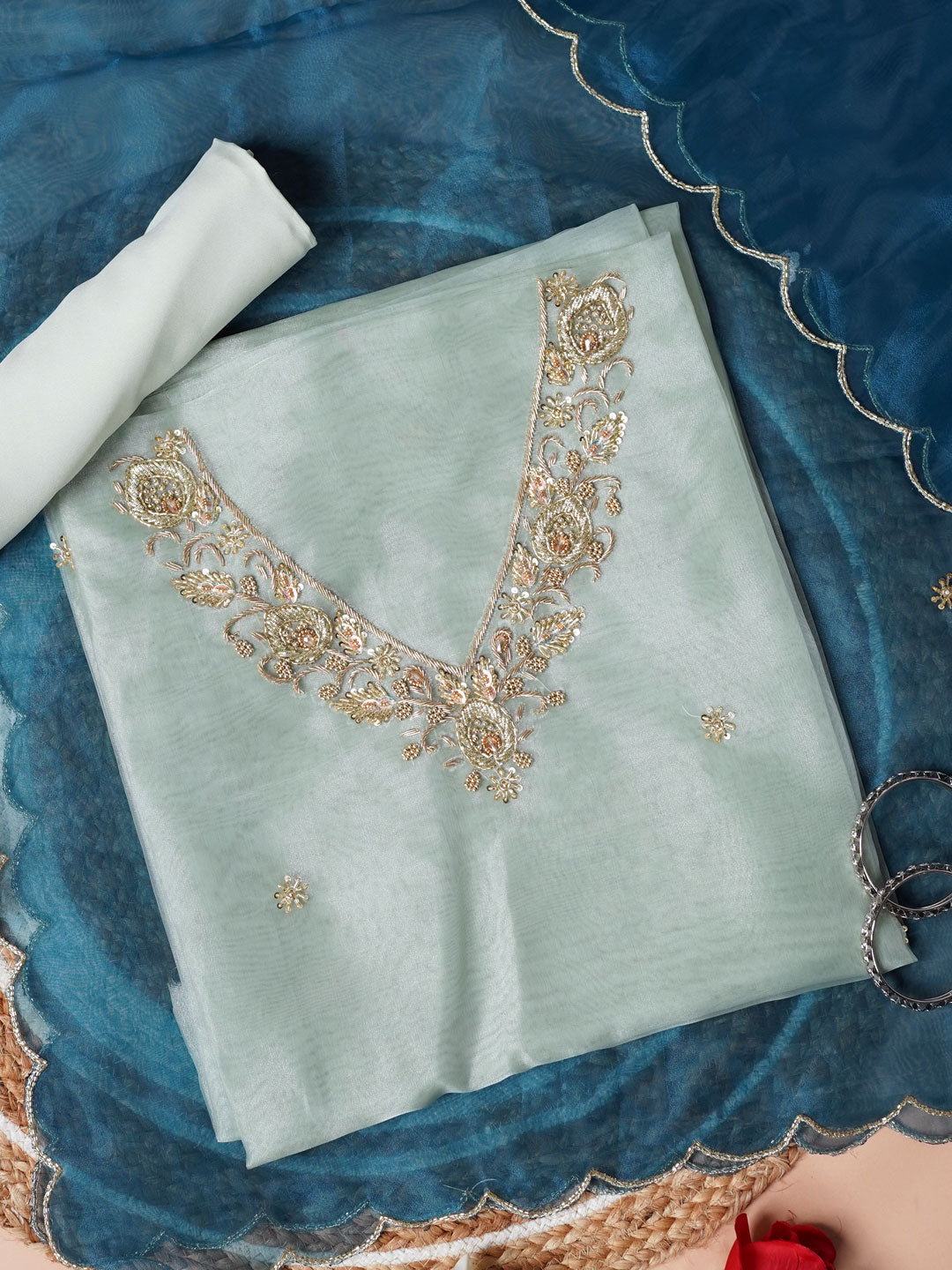 Soft Green Glow Hand Embroidered Unstitched Suit Set with Zari & Zardozi Work