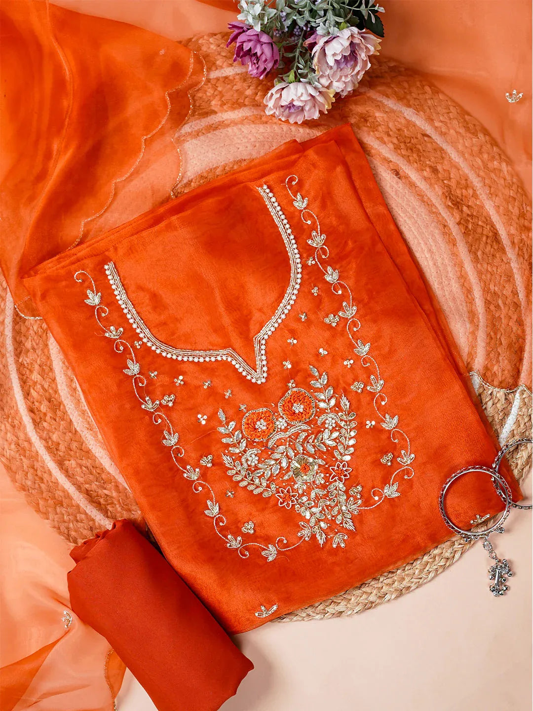 Kesar Hand Embroidered Unstitched Suit Set with Resham & Zari Floral Work - Achrangi