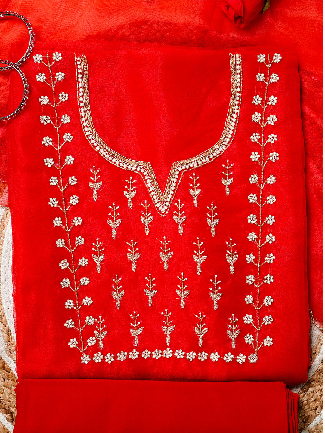 Scarlet Red Glow Hand Embroidered Unstitched Suit with Zari & Sequin Work