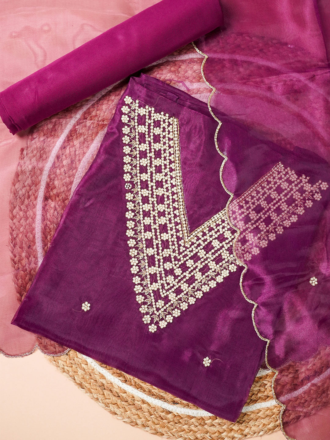 Royal Wine Hand Embroidered Unstitched Suit Set