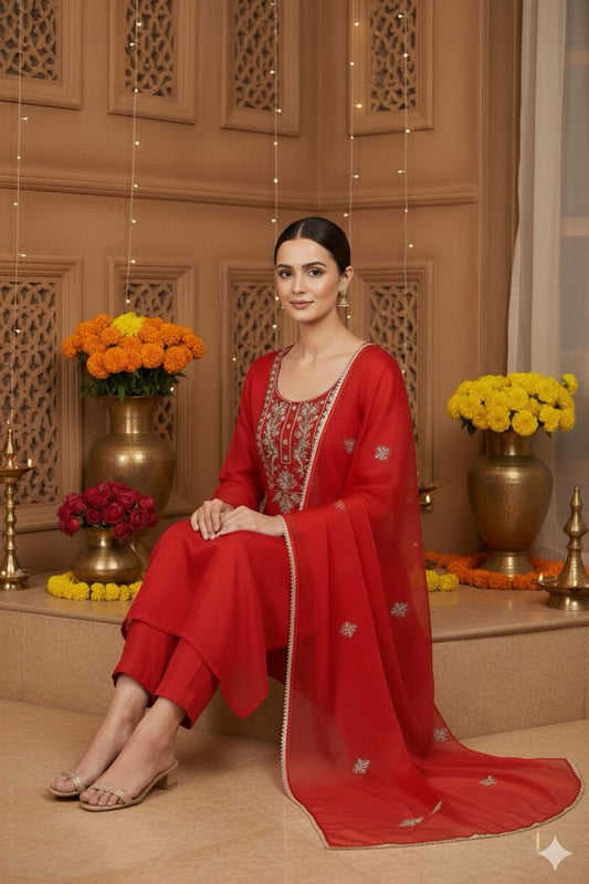 Gulnaar Red Zari Unstitched Suit Set