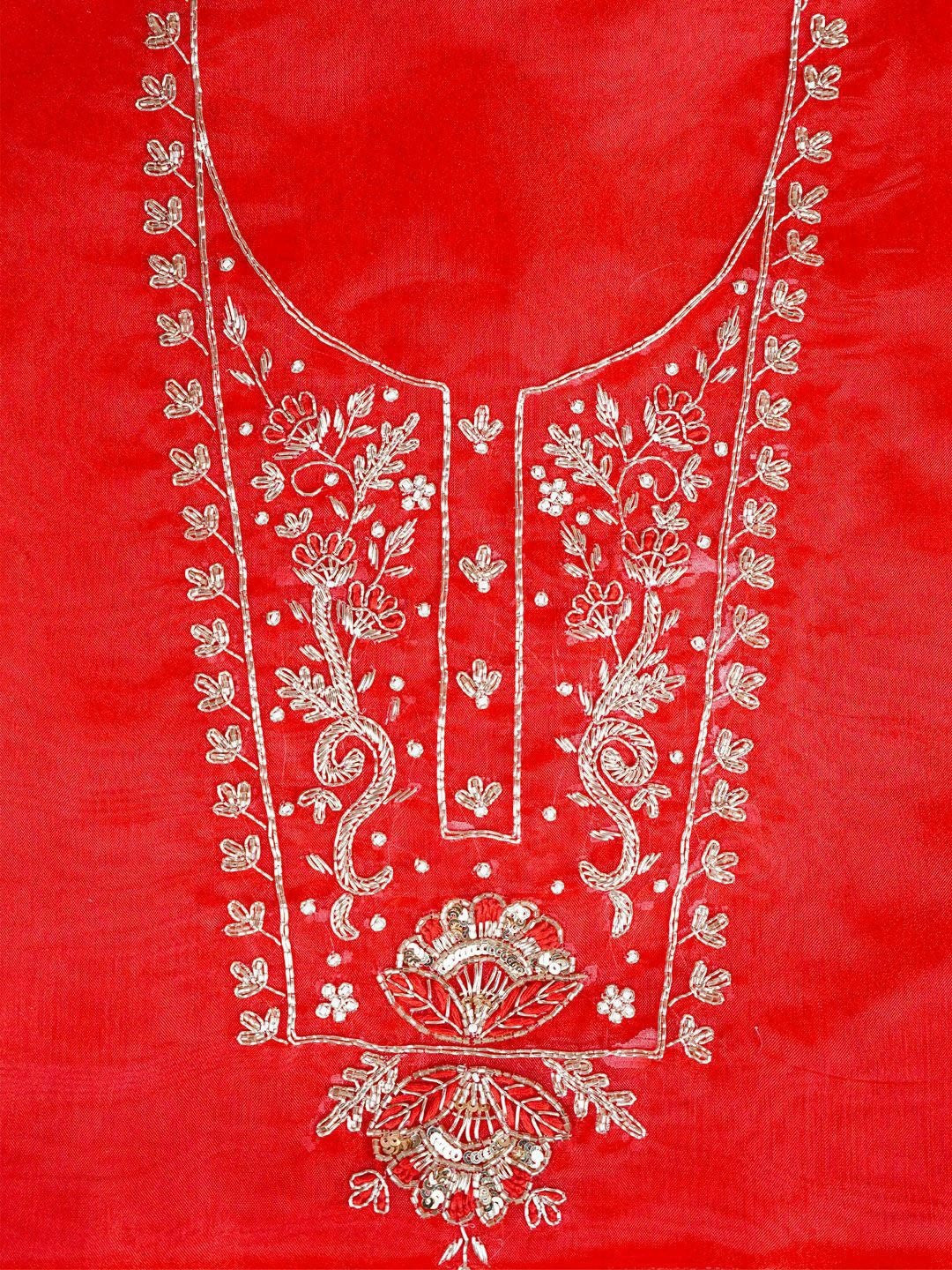 Gulnaar Red Zari Unstitched Suit Set
