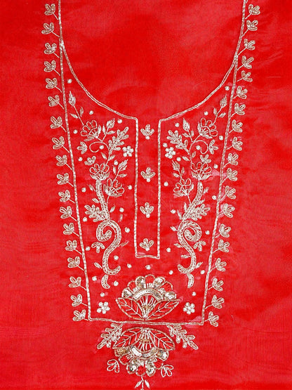 Gulnaar Red Zari Unstitched Suit Set