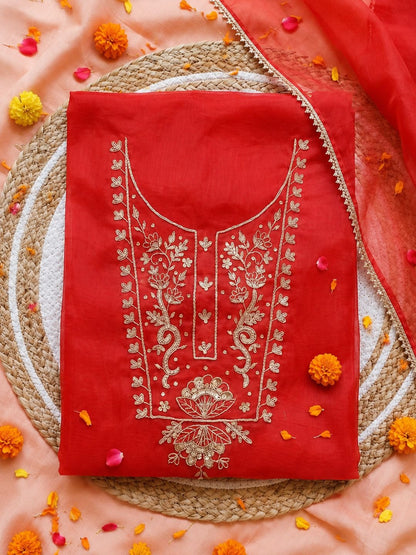 Gulnaar Red Zari Unstitched Suit Set