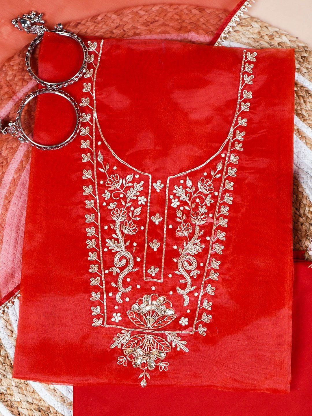 Gulnaar Red Zari Unstitched Suit Set
