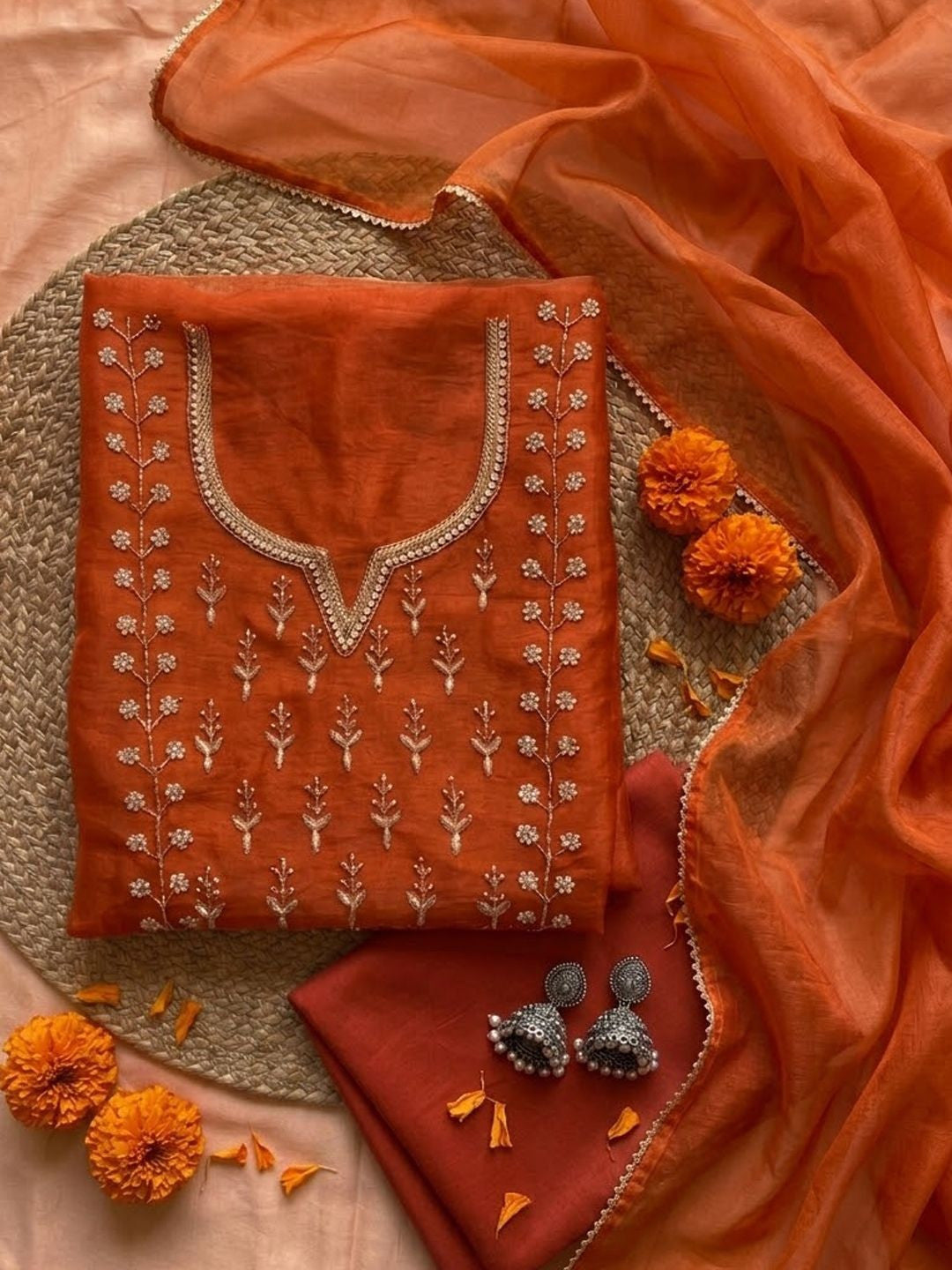 Rust Orange Glow Hand Embroidered Unstitched Suit with Zari & Sequin Work