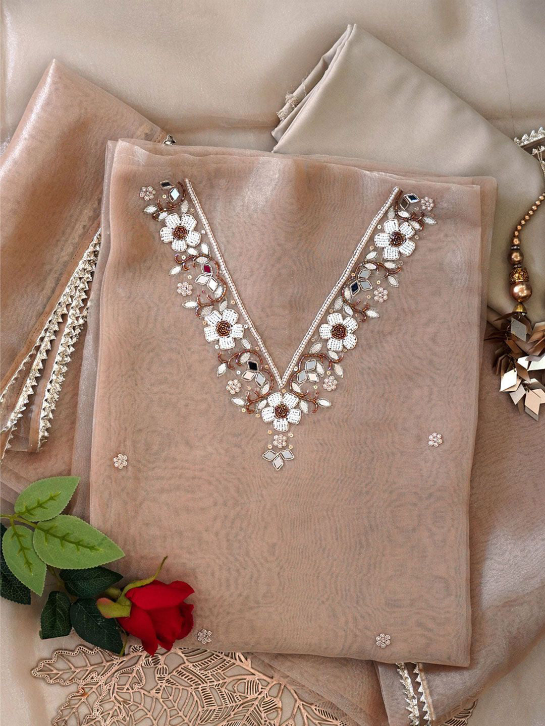Caramel Pearl Mirror Work Organza Unstitched Suit Set